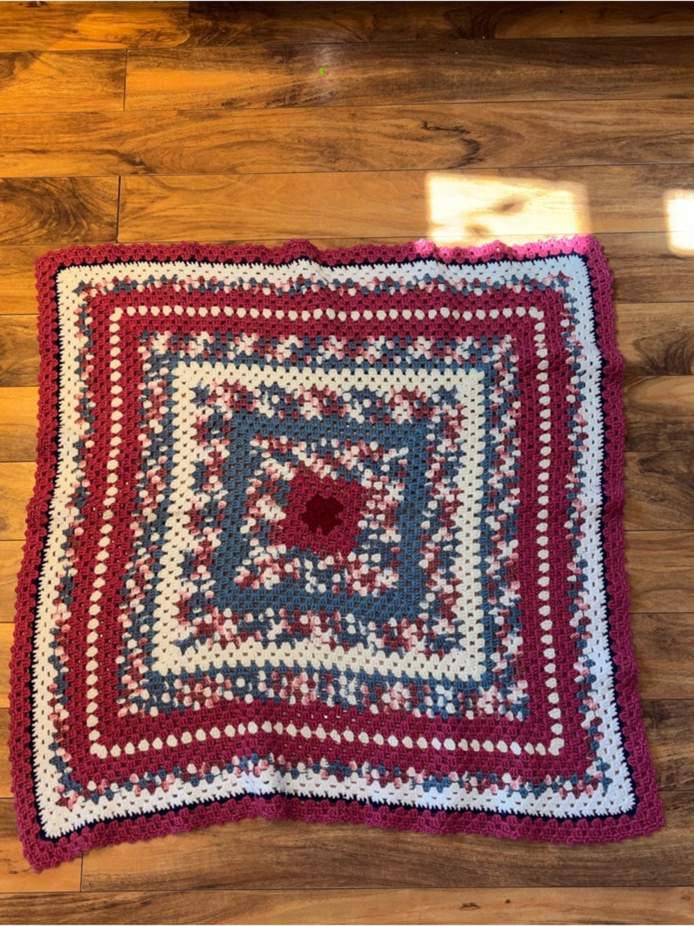 Vintage Handmade Crochet Baby Blanket in Mauve, White & Blue